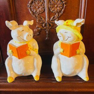 Vintage Fitz and Floyd Ceramic Pigs Bookends “Who's Afraid Of The Big Bad Wolf?"